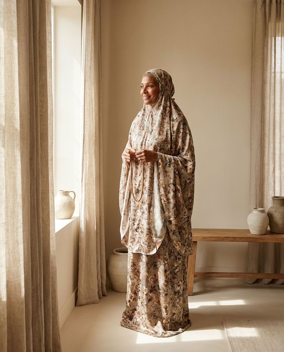 Woman wearing floral prayer dress holding prayer beads by a sunlit window
