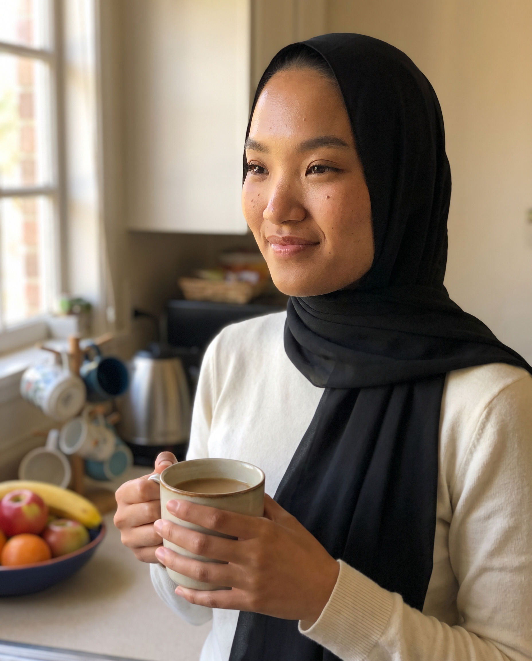 An unhurried morning - Vaelora hijab on in seconds, ready for the day