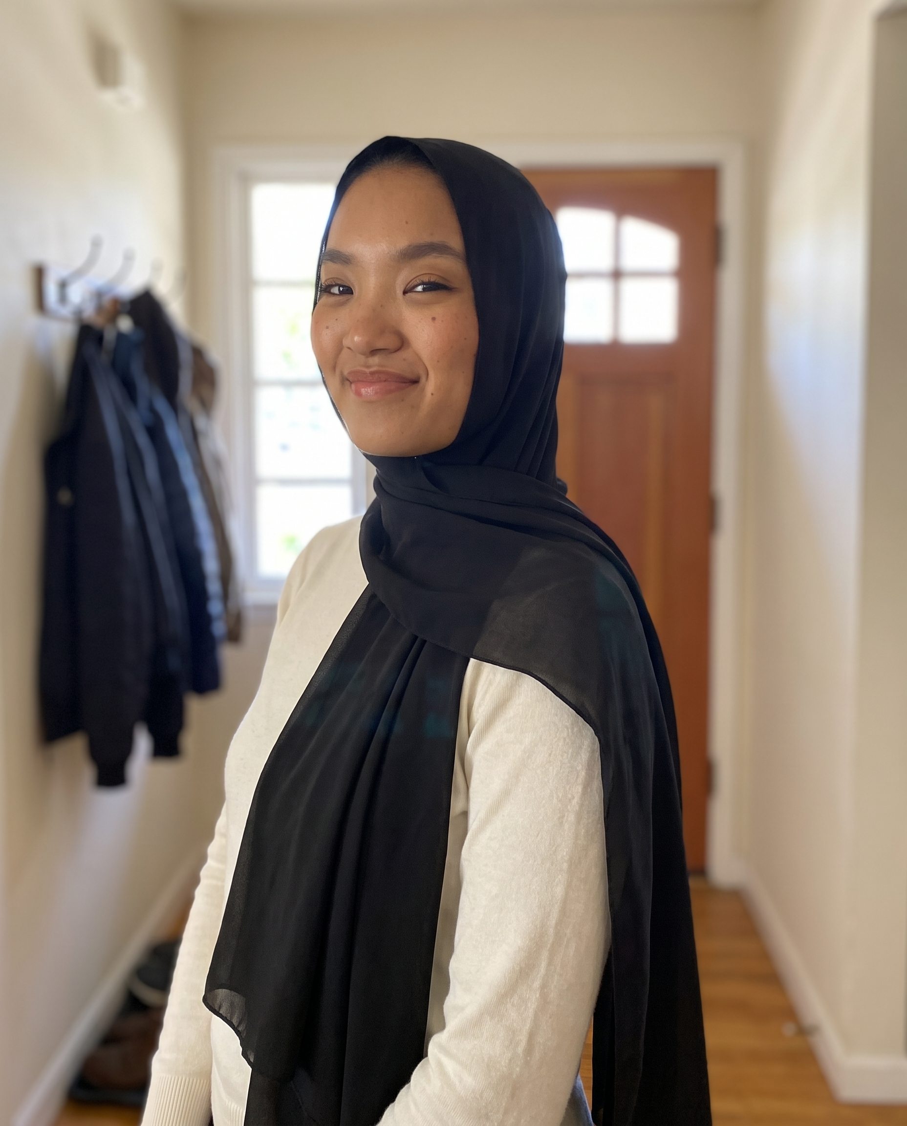 Full drape and coverage of the Vaelora one-piece instant hijab