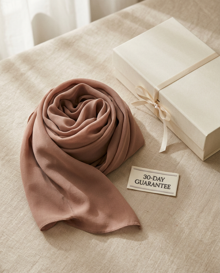 Vaelora chiffon hijab folded beside gift box with 30-day guarantee badge