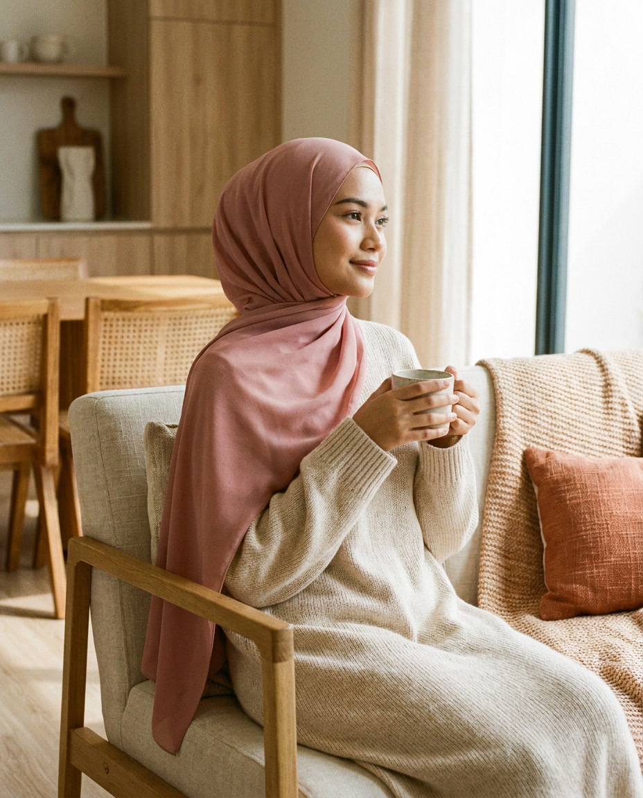 Woman wearing Vaelora soft rose chiffon instant hijab in warm morning light