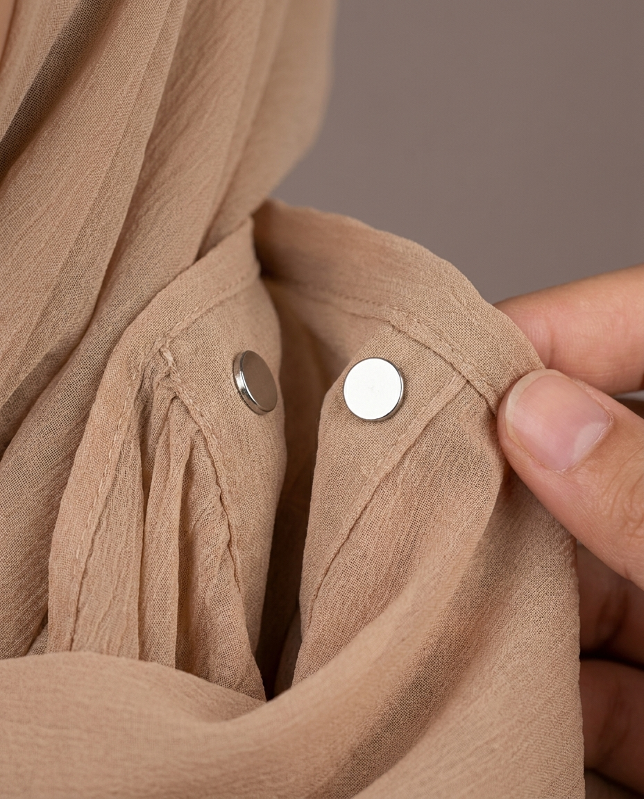 Close-up of hidden magnetic closure on Vaelora chiffon hijab