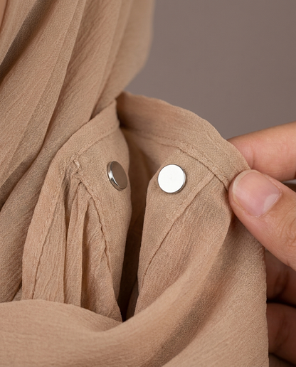 Close-up of hidden magnetic closure on Vaelora chiffon hijab