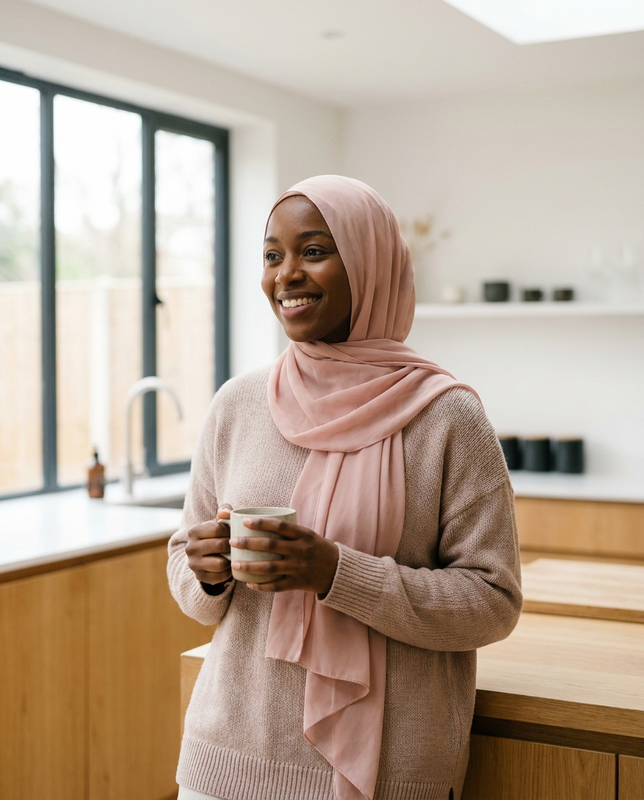 Smiling woman wearing Vaelora blush chiffon instant hijab in bright kitchen