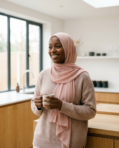 Smiling woman wearing Vaelora blush chiffon instant hijab in bright kitchen