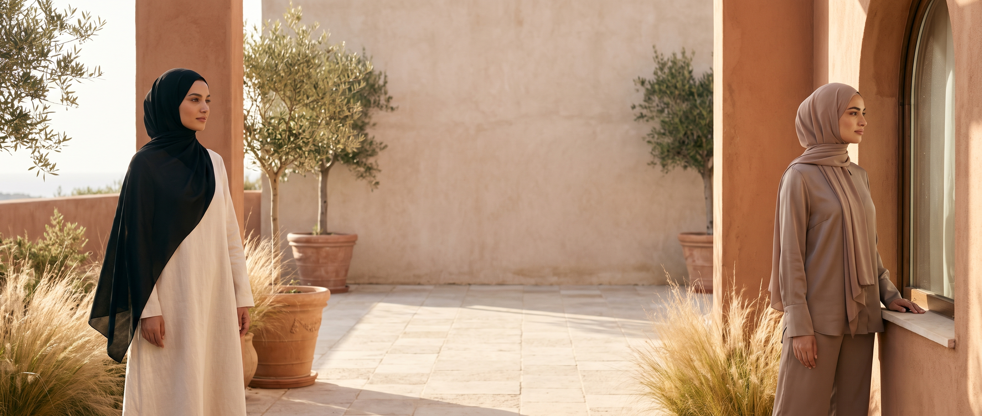 Vaelora hero - two women wearing instant hijabs in a warm sunlit courtyard