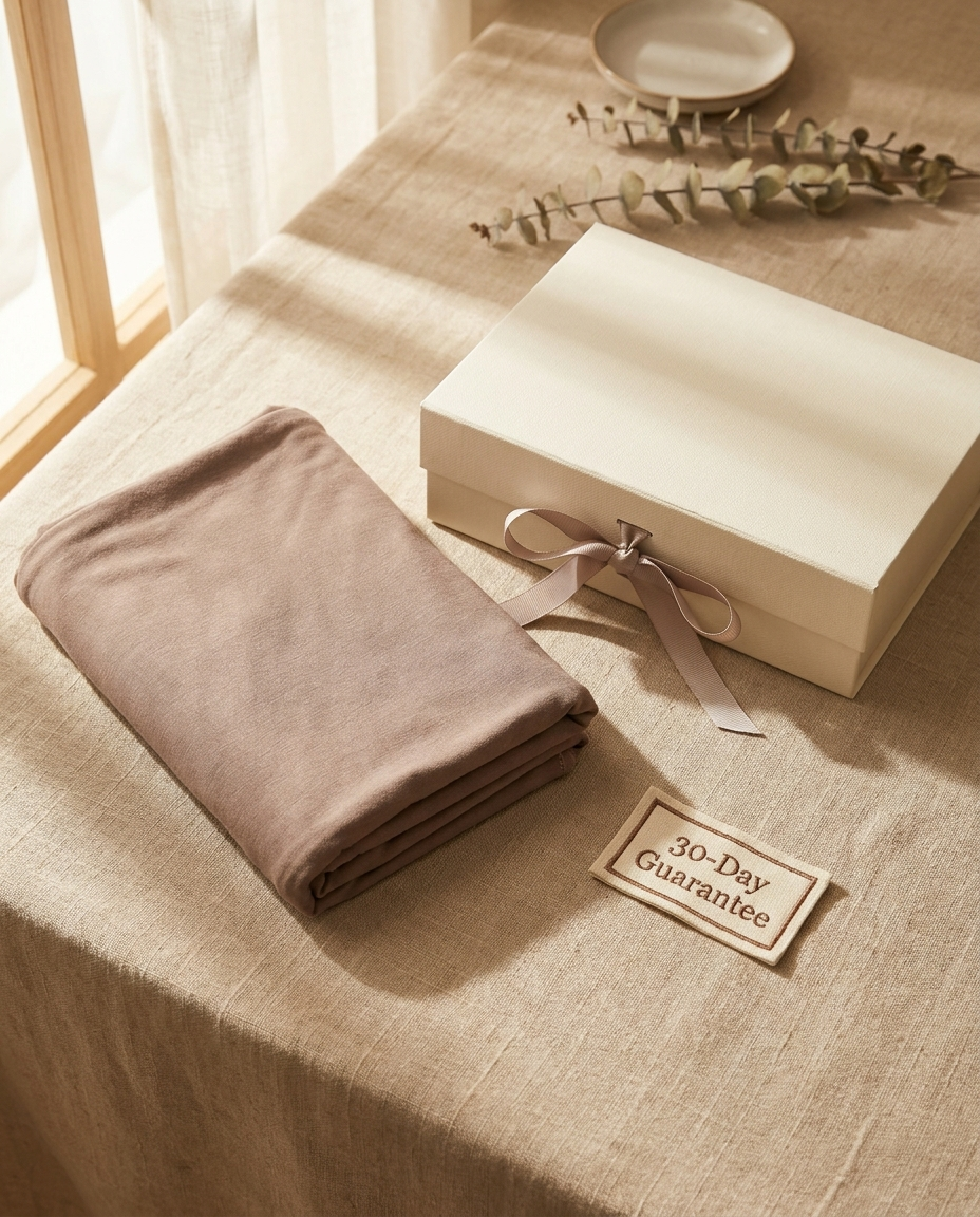 Vaelora jersey long khimar folded beside gift box with 30-day guarantee badge