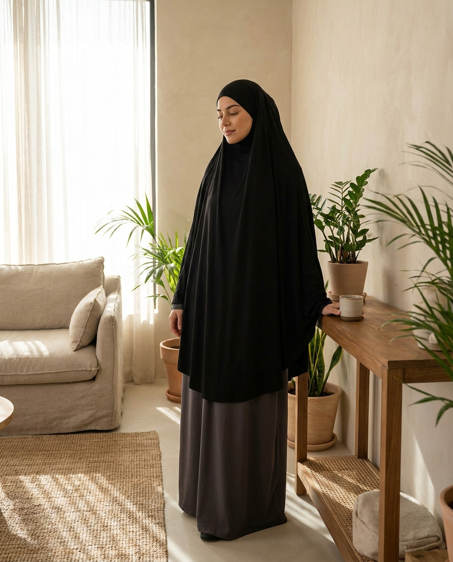 Woman wearing flowing black Vaelora jersey khimar in warm interior