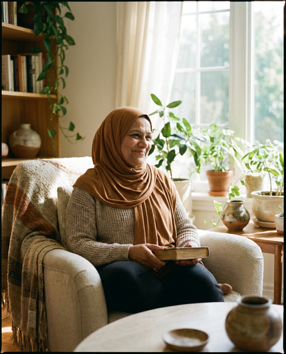 Woman reading at home wearing caramel Vaelora jersey khimar