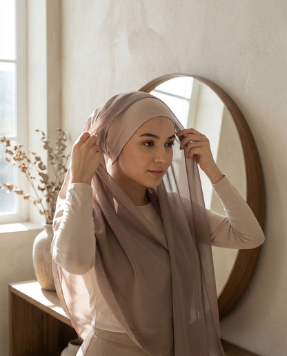 Woman arranging chiffon hijab over Vaelora nude underscarf cap
