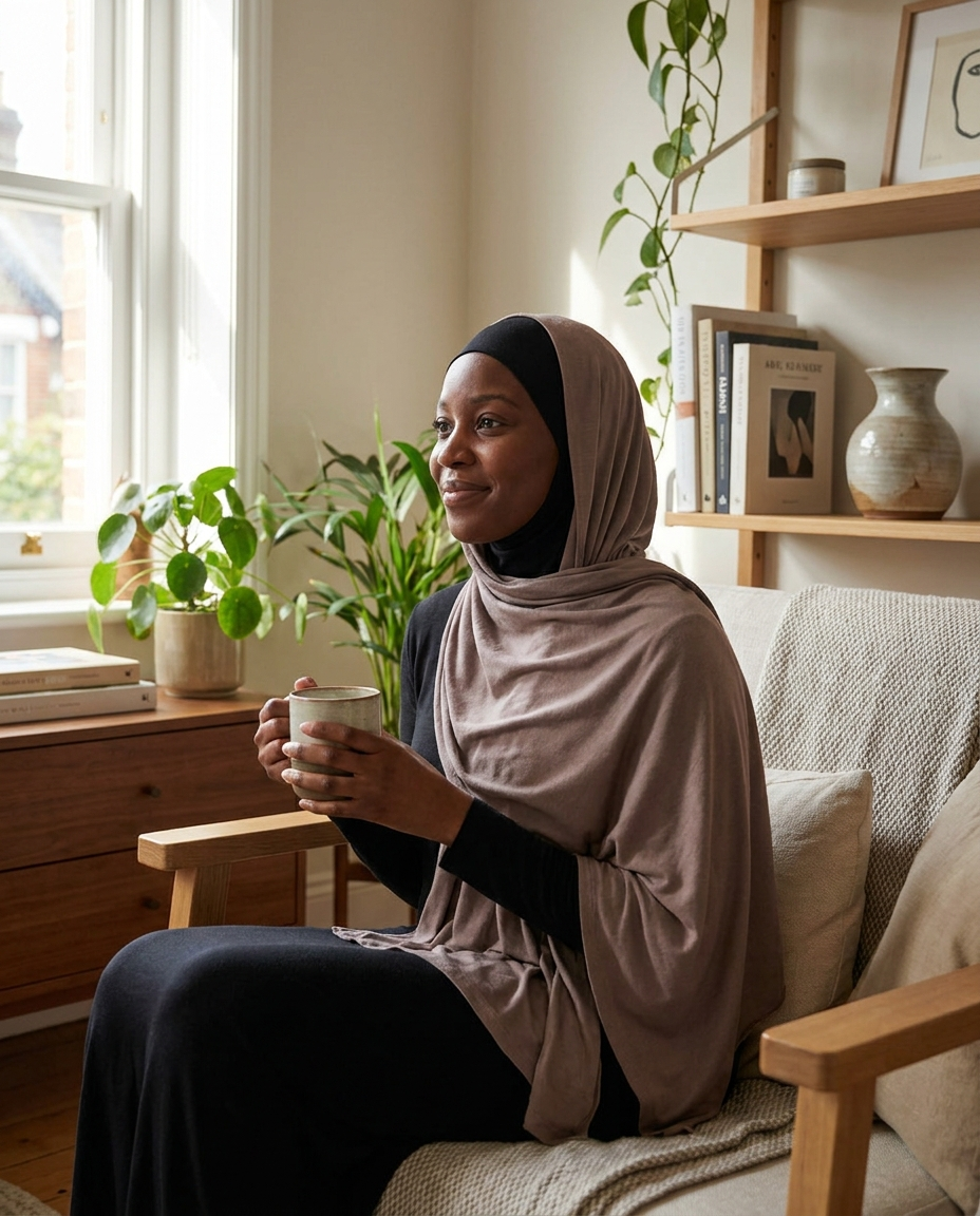 Smiling woman wearing black Vaelora underscarf beneath taupe hijab