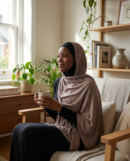 Smiling woman wearing black Vaelora underscarf beneath taupe hijab