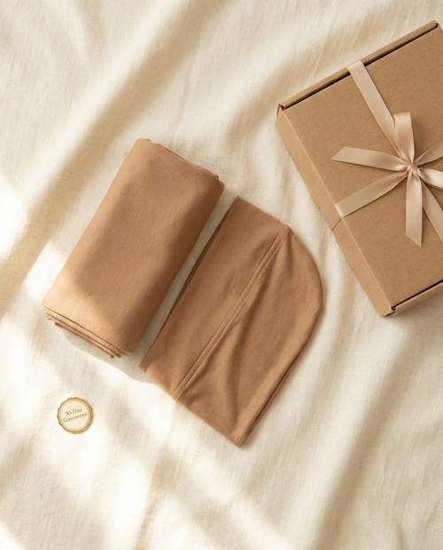 Vaelora matching jersey hijab and underscarf set in camel, folded flat-lay with giftbox and 30-day guarantee badge