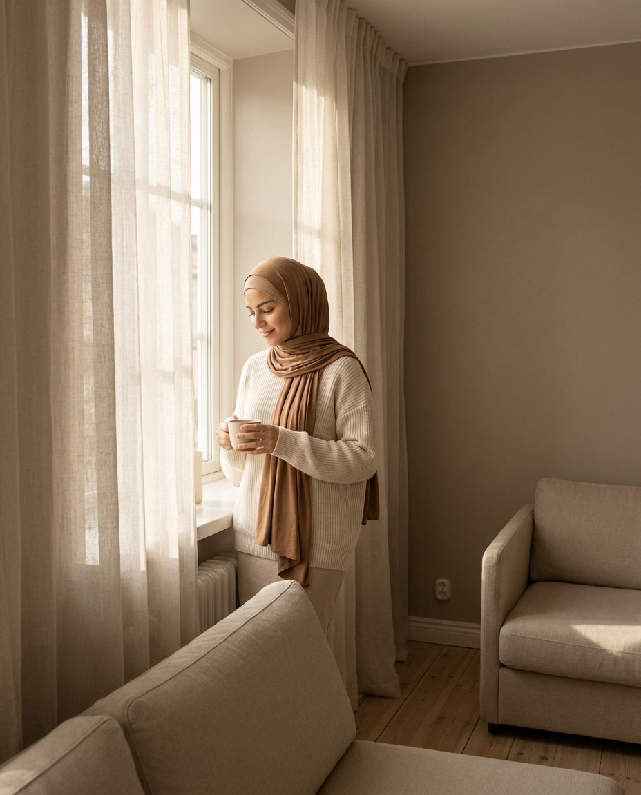 Woman wearing matching camel jersey hijab and underscarf set in a warm minimal interior