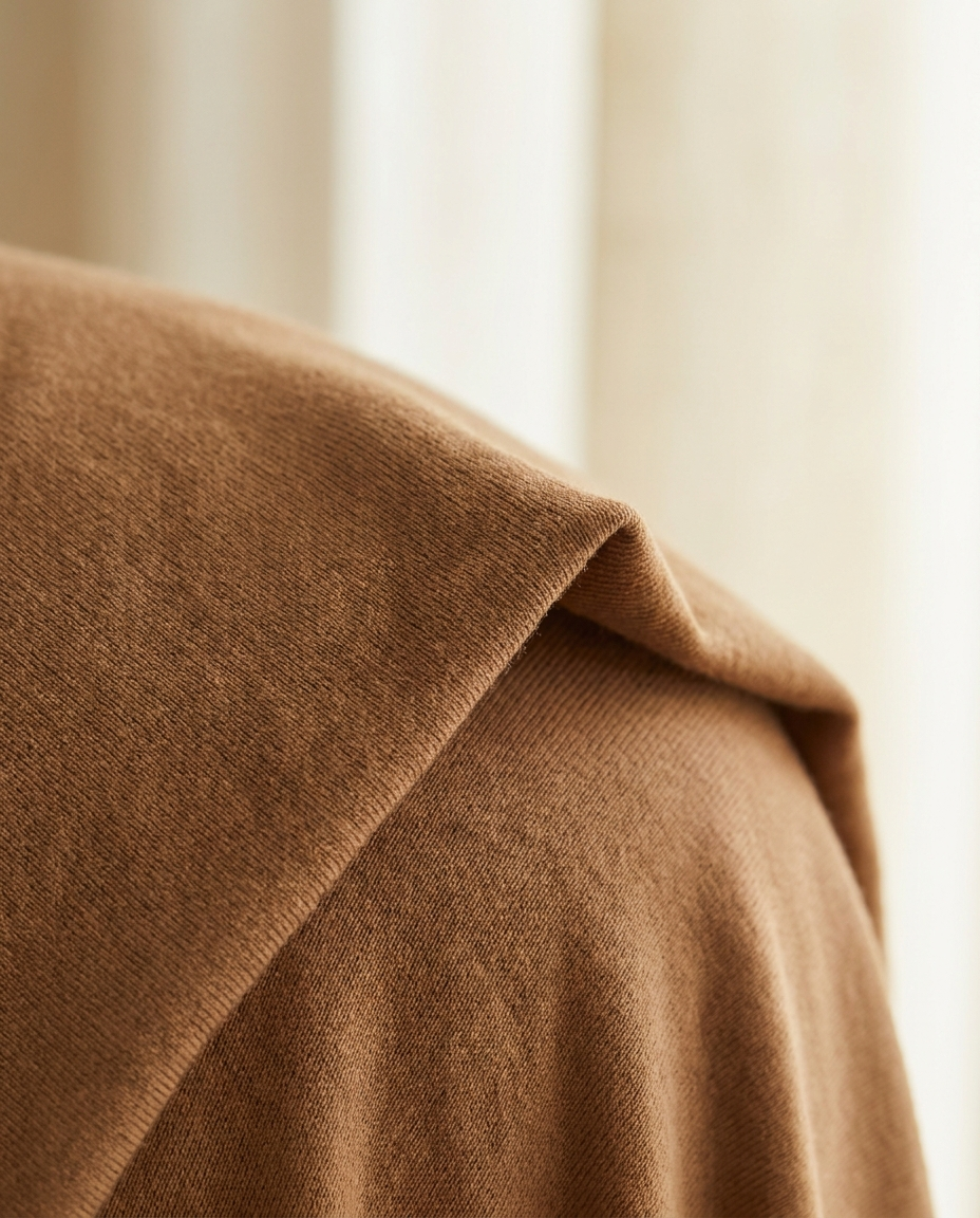 Close-up of soft camel jersey knit fabric of the Vaelora hijab and underscarf set