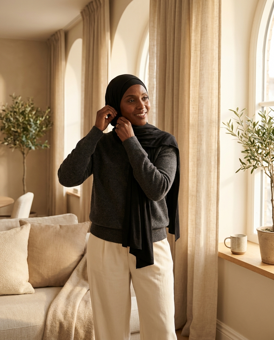 Woman wearing matching black jersey hijab and underscarf set by a sunlit window
