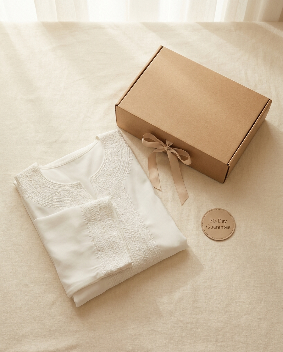 Vaelora white embroidered double-layer abaya folded flat-lay with giftbox and 30-day guarantee badge