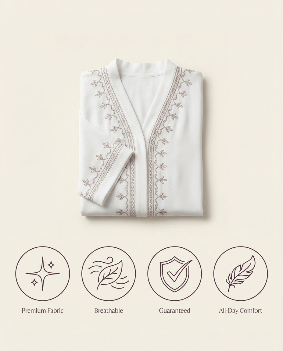 Vaelora embroidered abaya benefits: premium fabric, breathable, guaranteed, all-day comfort