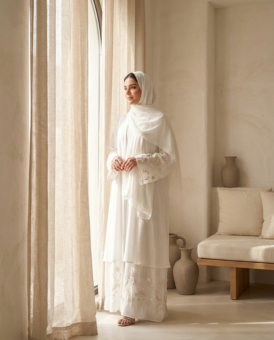 Woman wearing white embroidered double-layer abaya in a warm minimal interior