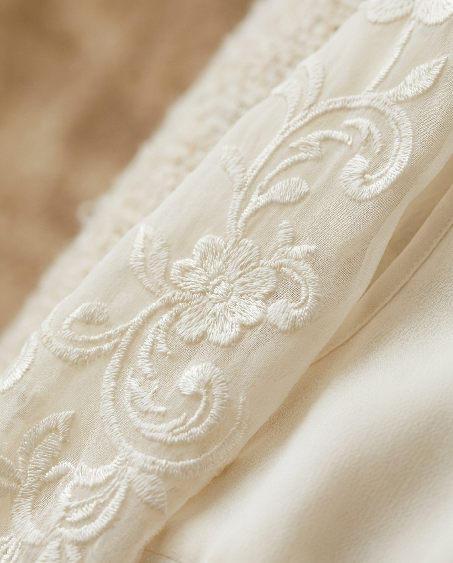 Close-up of delicate embroidery and double-layer fabric of the Vaelora abaya