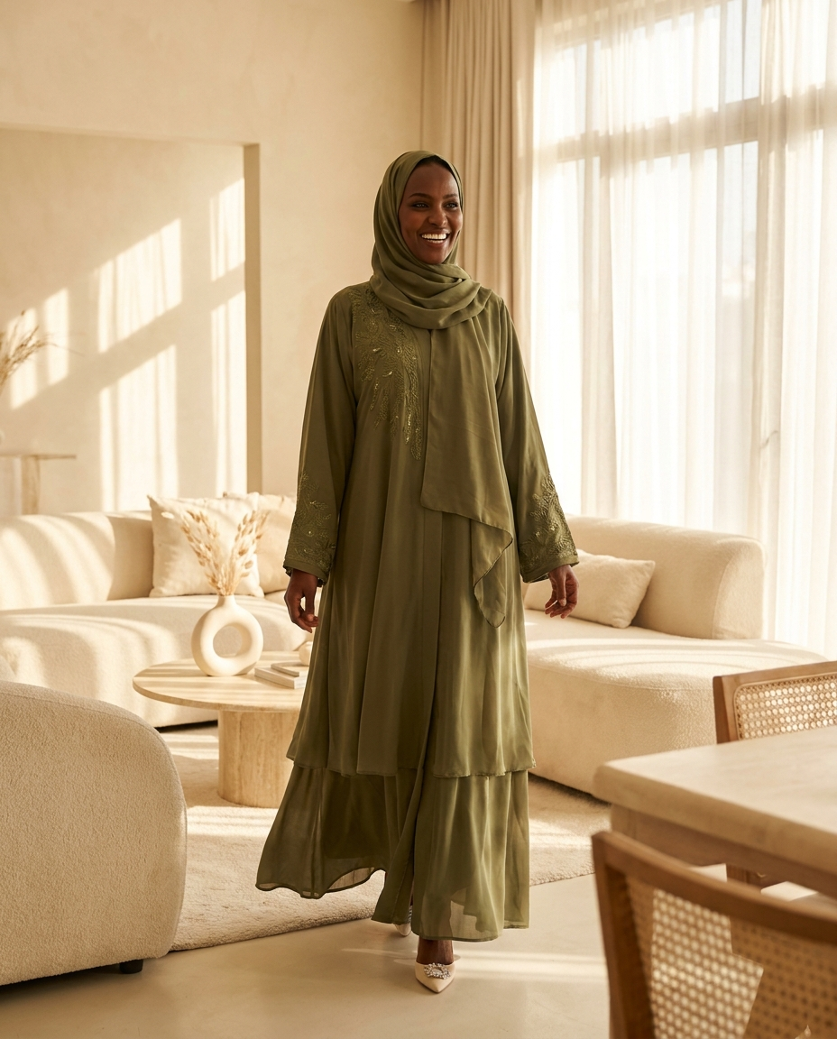 Woman wearing soft green embroidered double-layer abaya in warm natural light