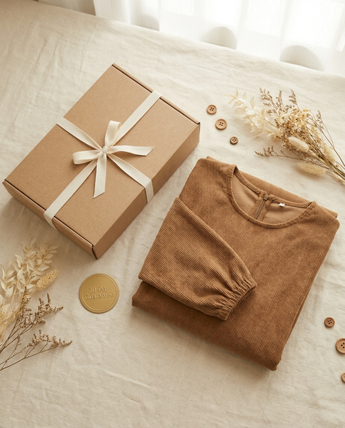 Vaelora camel corduroy winter abaya folded flat-lay with giftbox and 30-day guarantee badge