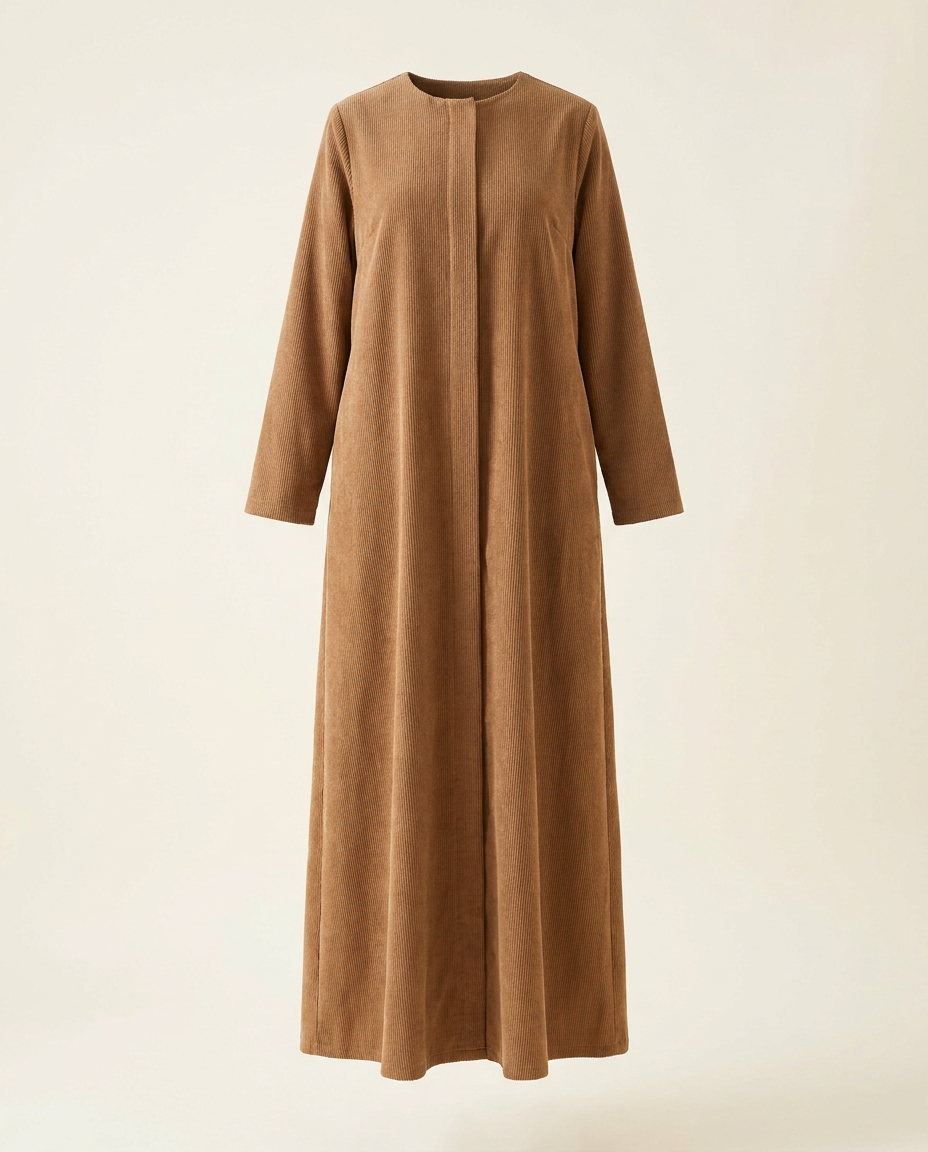Camel corduroy winter abaya full length on invisible mannequin, closed front design, studio shot