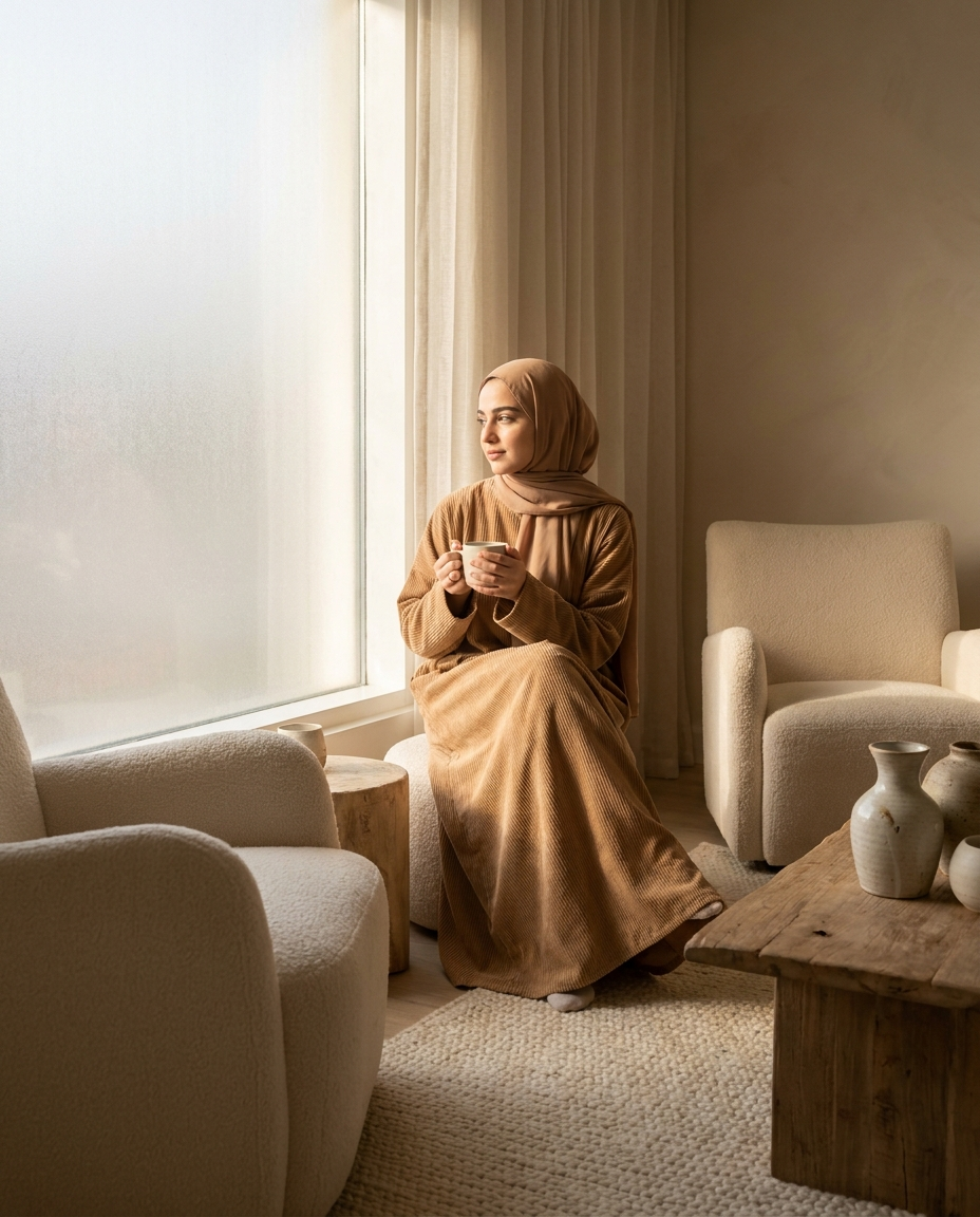 Woman wearing camel corduroy winter abaya with tea by a window in a cosy interior