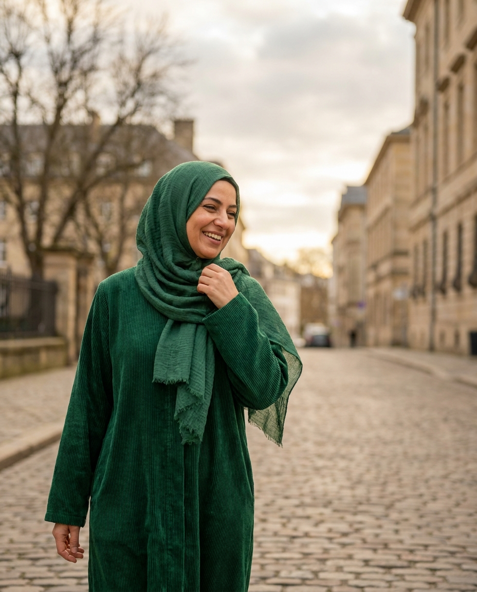 Woman wearing emerald green corduroy winter abaya outdoors in soft winter light