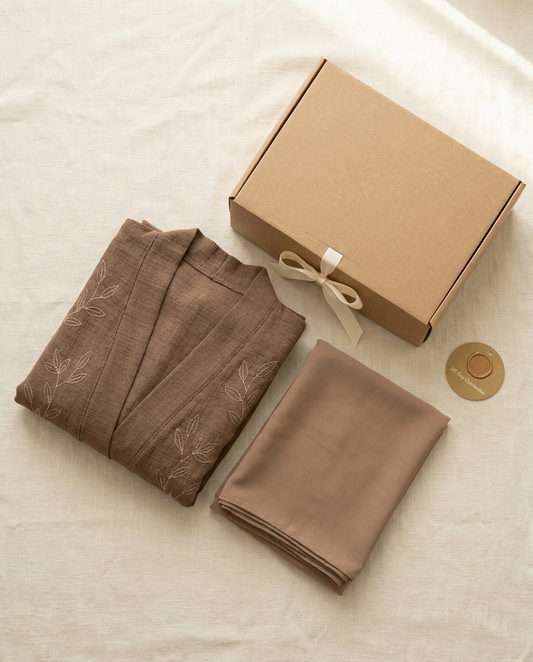Vaelora brown embroidered abaya cardigan with matching hijab, flat-lay with giftbox and 30-day guarantee badge