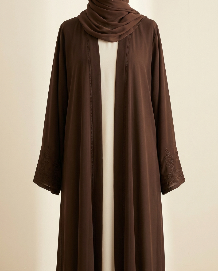 Brown open-front embroidered abaya cardigan with hijab on invisible mannequin, studio shot