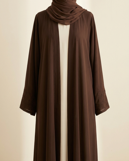 Brown open-front embroidered abaya cardigan with hijab on invisible mannequin, studio shot
