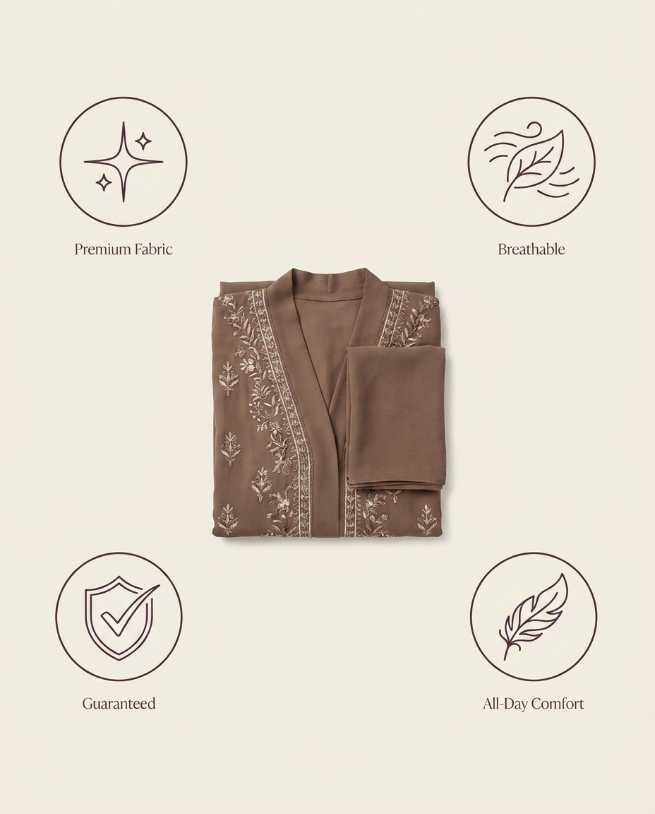 Vaelora abaya cardigan benefits: premium fabric, breathable, guaranteed, all-day comfort