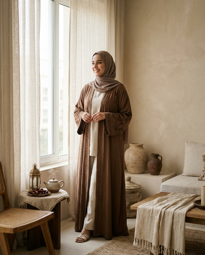 Woman wearing brown embroidered abaya cardigan with matching hijab in a warm minimal interior