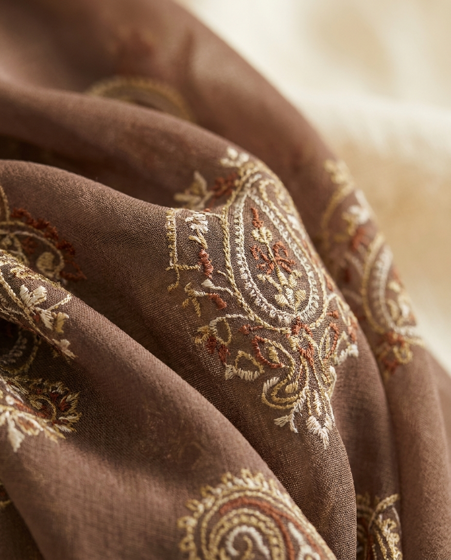 Close-up of intricate embroidery print on the Vaelora abaya cardigan fabric