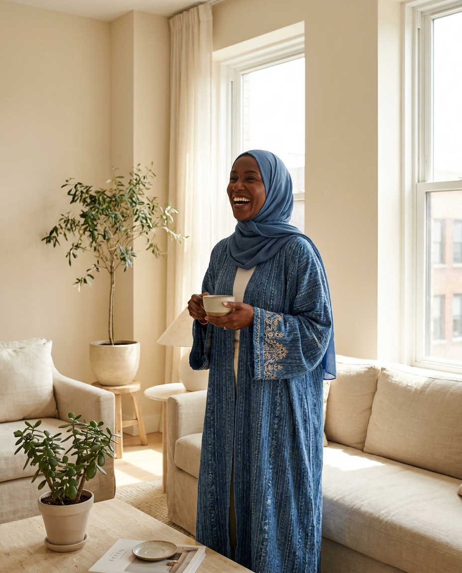 Woman wearing blue printed embroidery abaya cardigan with matching hijab in warm natural light