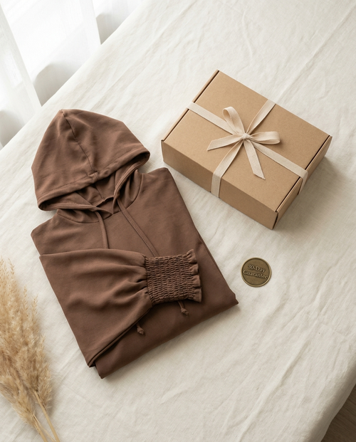 Vaelora brown hooded abaya dress folded flat-lay with giftbox and 30-day guarantee badge