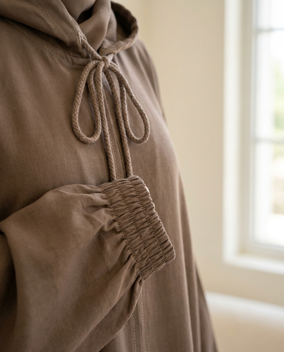 Close-up of shirred cuff and drawstring hood detail of the Vaelora hooded abaya