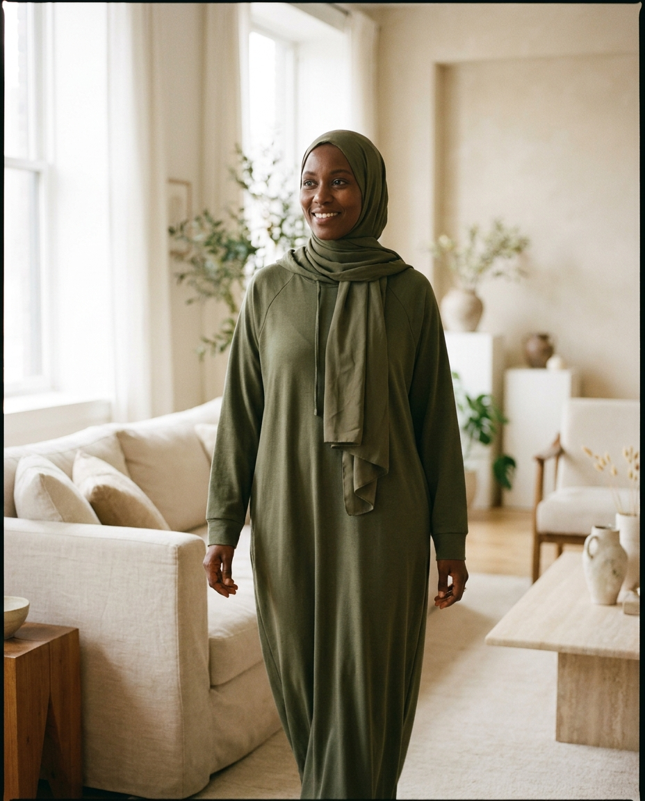 Woman wearing army green hooded abaya dress with matching hijab in warm natural light