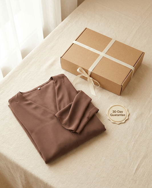 Vaelora cocoa nida summer abaya folded flat-lay with giftbox and 30-day guarantee badge
