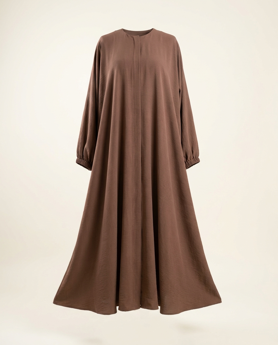 Cocoa umbrella-cut summer abaya full length on invisible mannequin, studio shot
