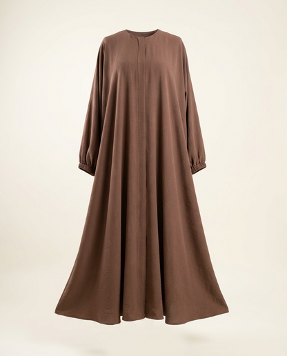Cocoa umbrella-cut summer abaya full length on invisible mannequin, studio shot