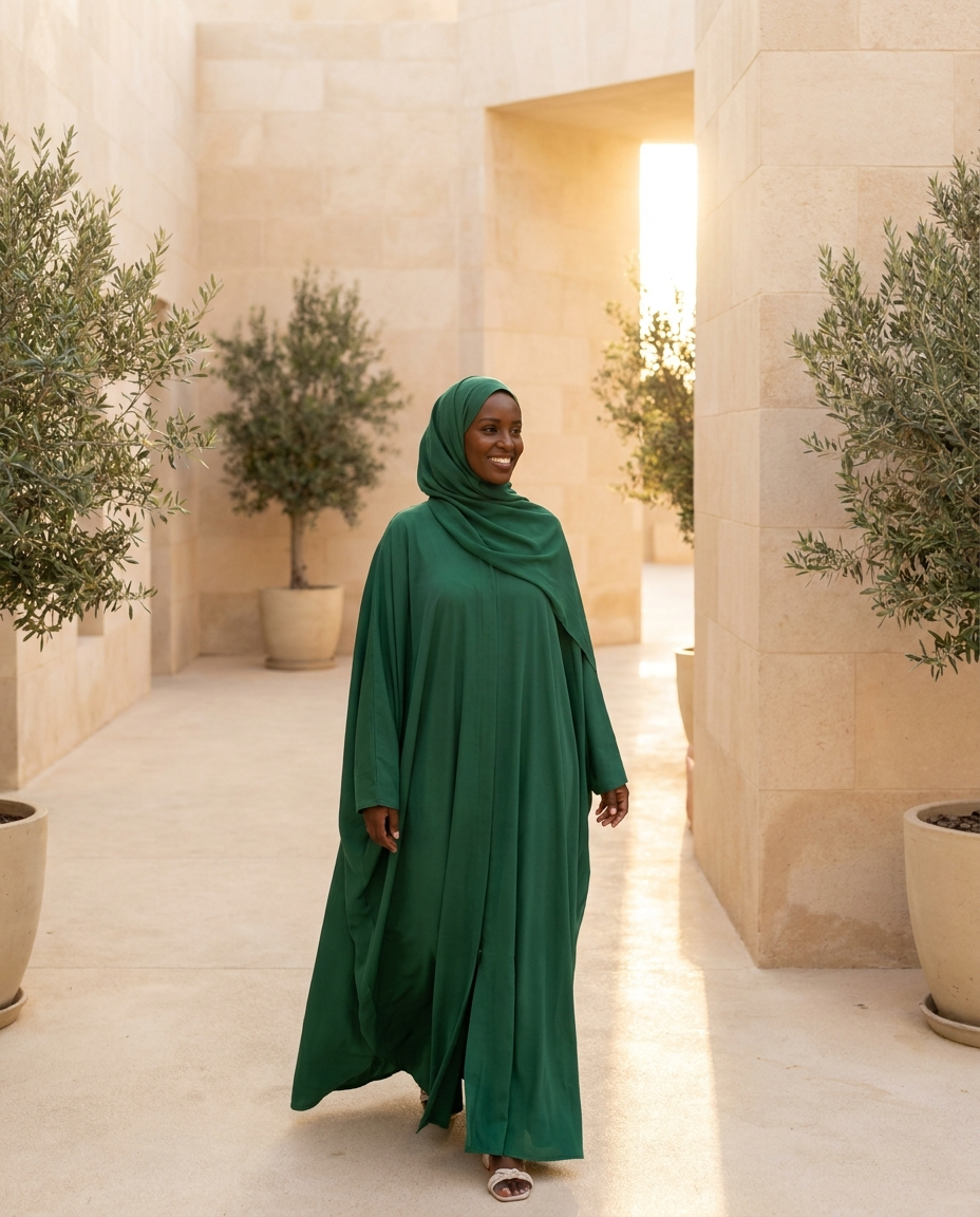 Woman wearing emerald umbrella-cut summer abaya in warm golden light