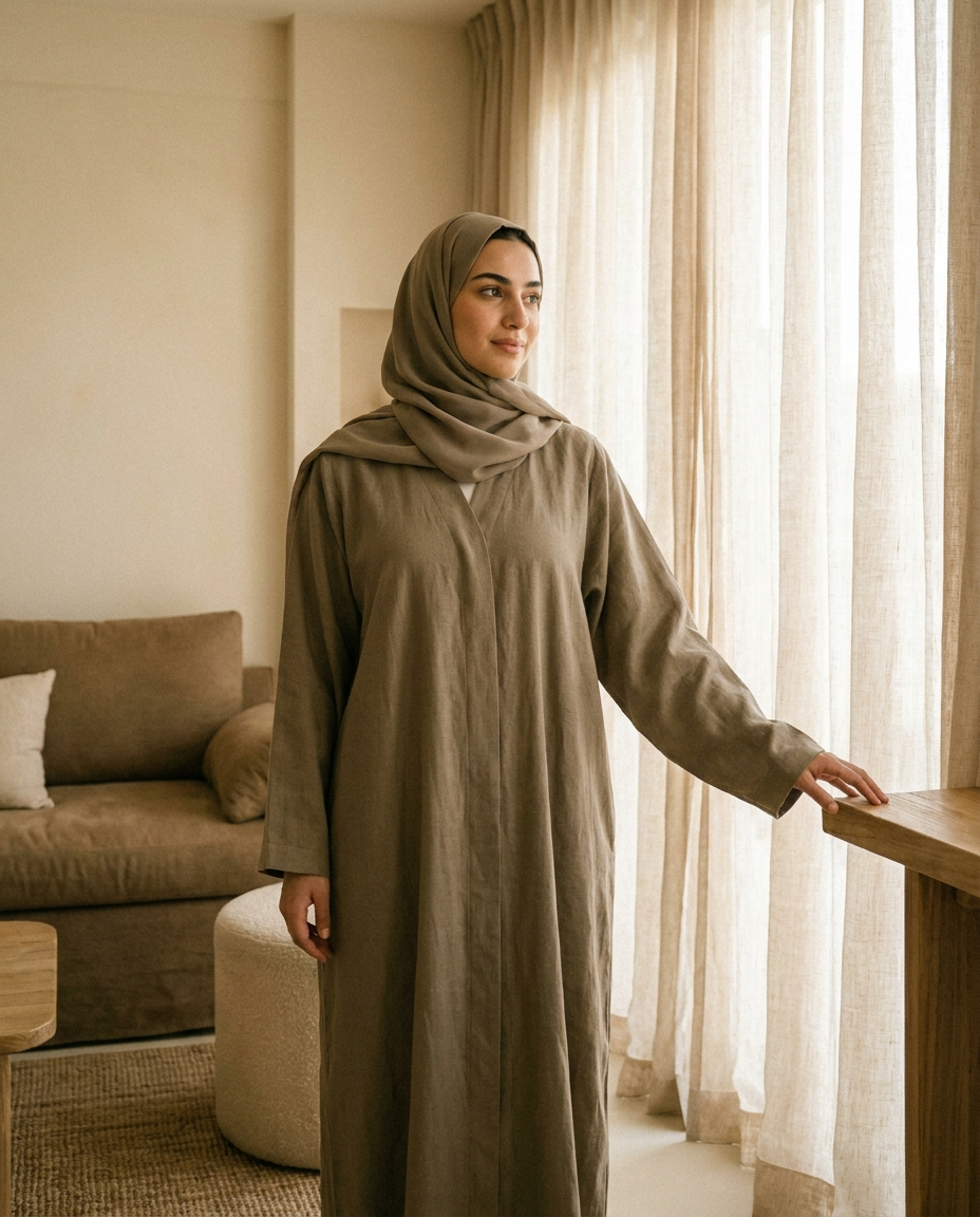 Woman wearing loose khaki plain Dubai abaya with matching hijab in a warm minimal interior