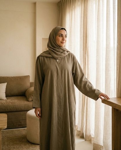 Woman wearing loose khaki plain Dubai abaya with matching hijab in a warm minimal interior