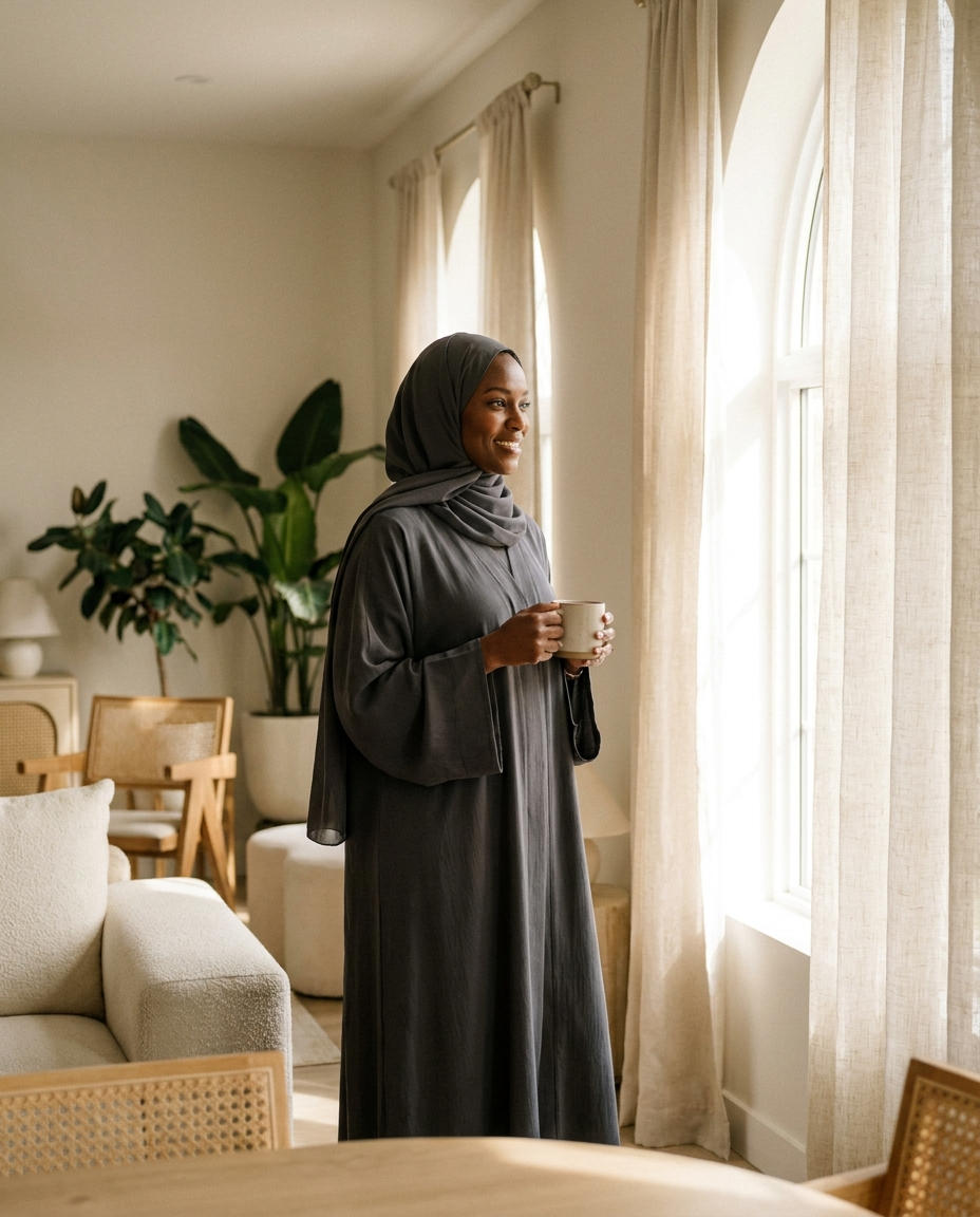 Woman wearing dark grey plain Dubai abaya with matching hijab by a sunlit window