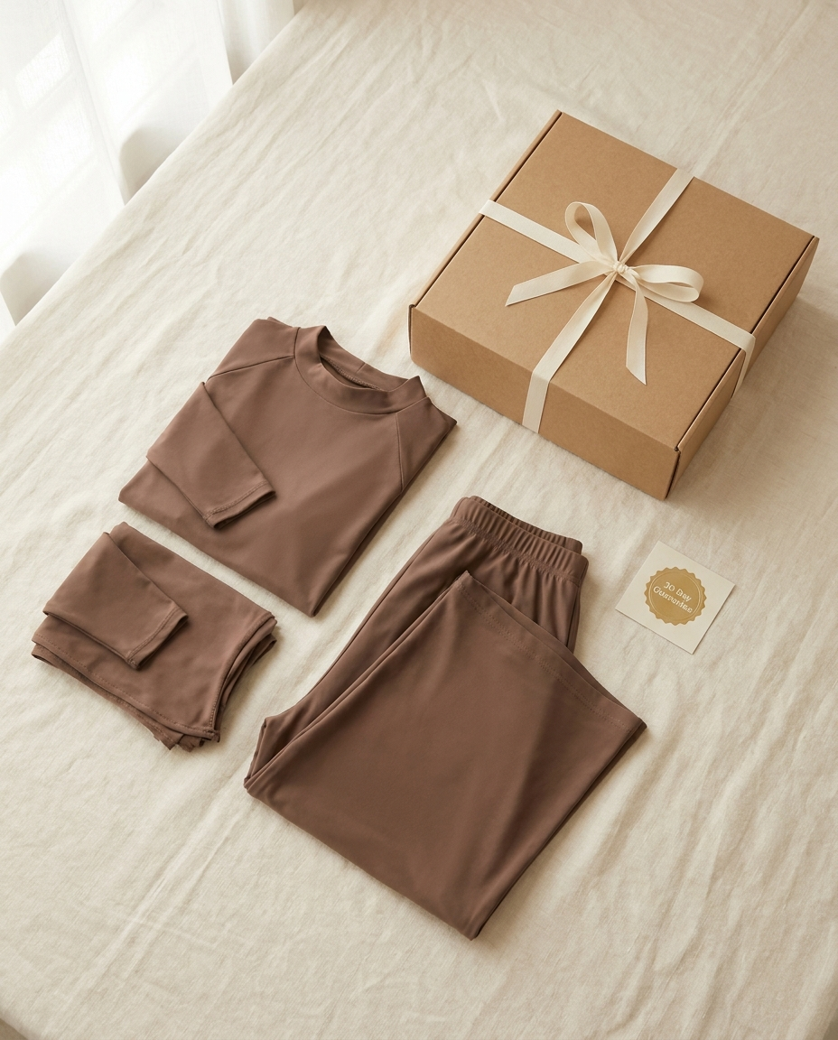 Vaelora mocha burkini three-piece set folded flat-lay with giftbox and 30-day guarantee badge