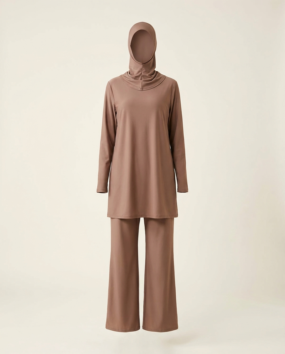 Mocha burkini set with swim tunic, wide-leg trousers and swim hijab on invisible mannequin