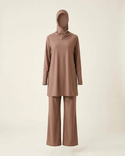 Mocha burkini set with swim tunic, wide-leg trousers and swim hijab on invisible mannequin