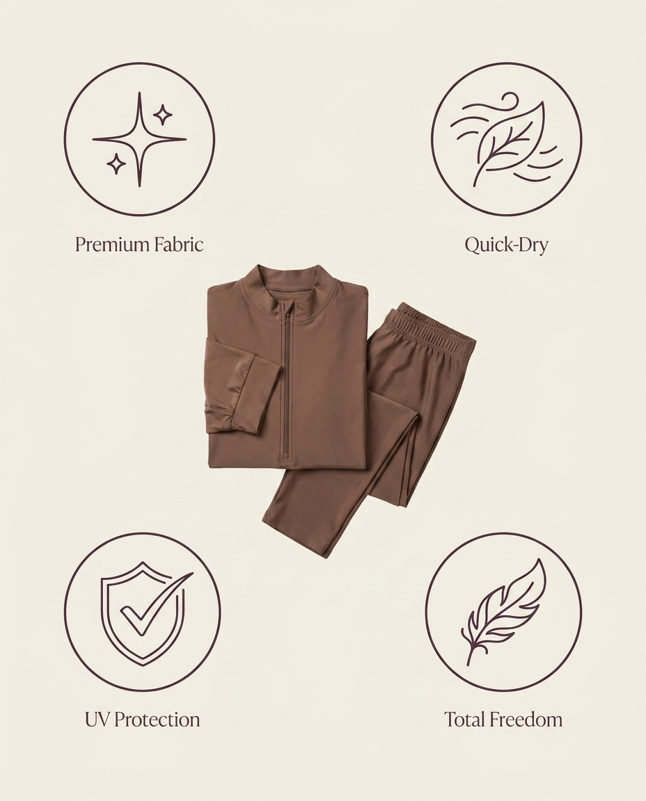 Vaelora burkini benefits: premium fabric, quick-dry, UV protection, total freedom